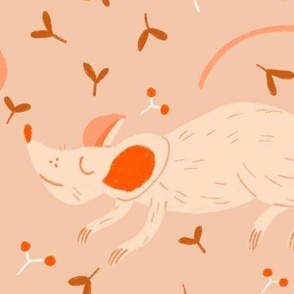 Whimsical Mouse Linocut Pattern for Kids Bedding in Cream and Earthy Tones – Big scale