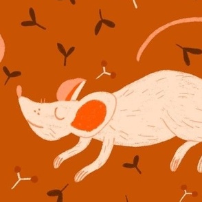 Whimsical Mouse Linocut Pattern for Kids Bedding in Terracotta and Earthy Tones – Big scale