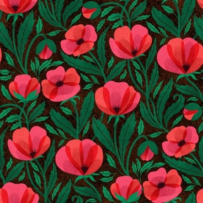 Poppy flowers in bright red with trailing leaves in red and hot pink in brown