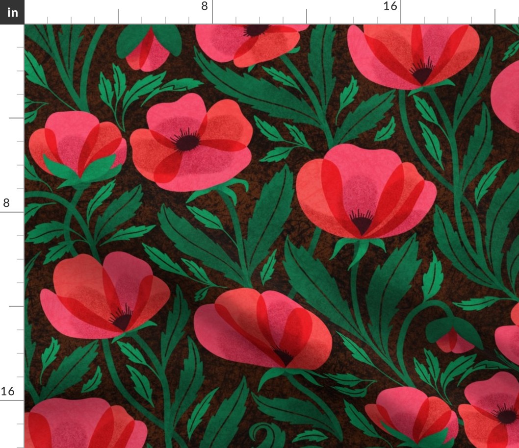 Poppy flowers in bright red with trailing leaves in red and hot pink in brown