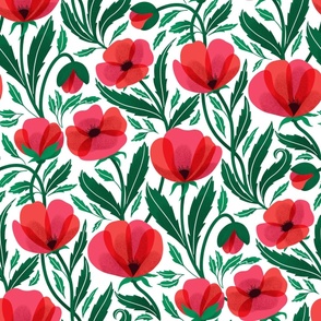 Poppy flowers in bright red with trailing leaves in red and hot pink in white