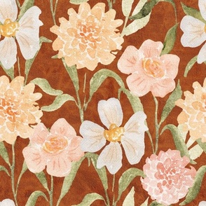 L Rustic floral with peachy watercolor flowers on chocolate brown - Large