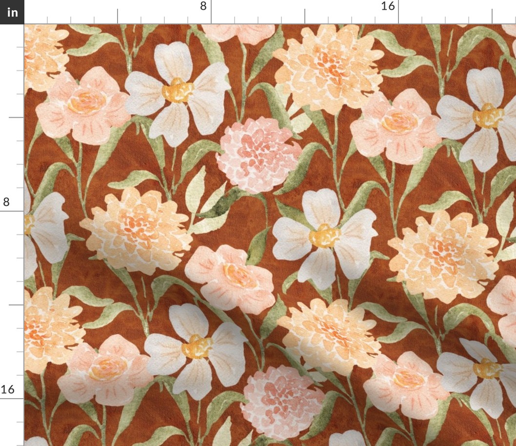 L Rustic floral with peachy watercolor flowers on chocolate brown - Large