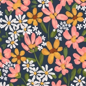 Wildflower Meadow on dark blue with pink yellow and white flowers