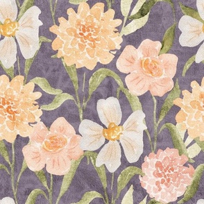 L Rustic floral with peachy watercolor flowers on hazy lilac - Large