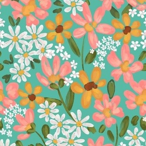 Wildflower Meadow on turquoise  with pink, yellow, purple and white flowers