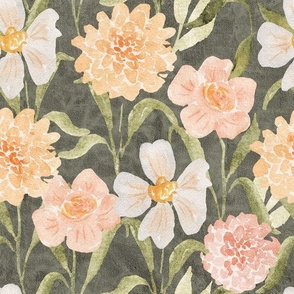 L Rustic floral with peachy watercolor flowers on Antique Pewter gray - Large