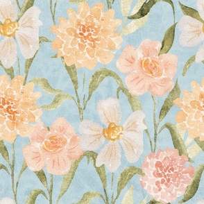 L Rustic floral with peachy watercolor flowers on polar sky blue- Large