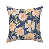 L Rustic floral with peachy watercolor flowers on blue nova - Large