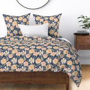 L Rustic floral with peachy watercolor flowers on blue nova - Large