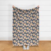 L Rustic floral with peachy watercolor flowers on blue nova - Large