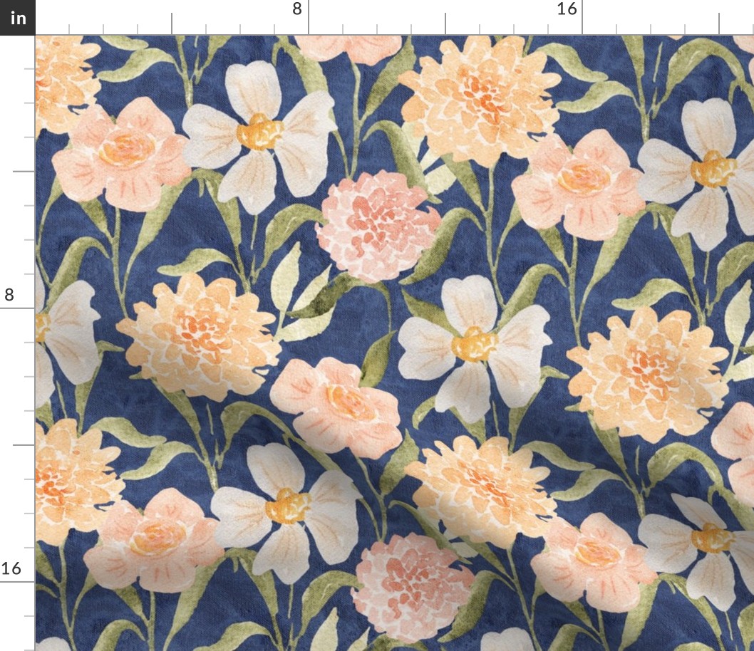 L Rustic floral with peachy watercolor flowers on blue nova - Large