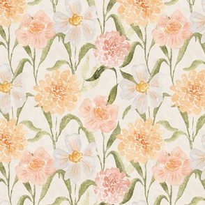 L Rustic floral with peachy watercolor flowers on white cream- Large