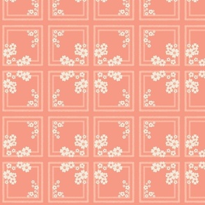 mirror repeat -  A bunch of flowers against the peach backdrop of square bricks- beige, pale orange