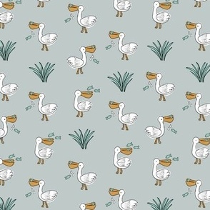 Pelican food party - Sea shore animals summer ocean design on sage green