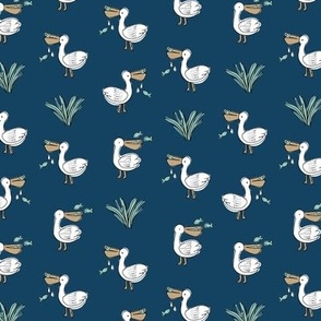 Pelican food party - Sea shore animals summer ocean design on navy blue 