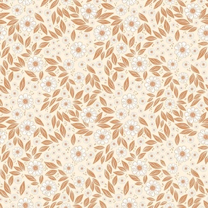Simple Autumn/Fall Flowers and Leaves Pattern| Brown, Cream Background | Small Scale