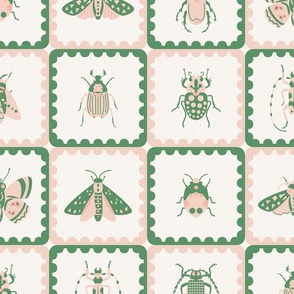 retro insects scalloped tiles l green blush pink l large