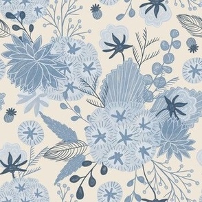 medium// Floral wilderness Cotton flowers Stars and vintage foliage Blue and cream
