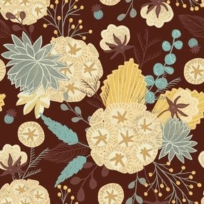 medium// Floral wilderness Cotton flowers Stars and vintage foliage Royal Brown
