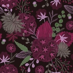 medium// Floral wilderness Cotton flowers Stars and vintage foliage Dark Brown Pink