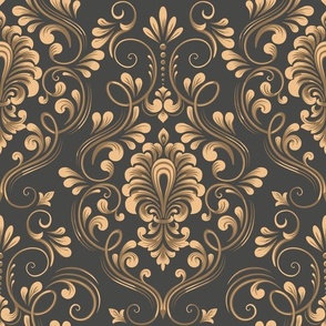 Baroque Style Golden and Charcoal Damask Symmetrical Design