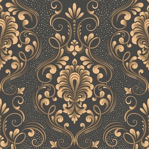 Dark Elegance: Gold on Charcoal Damask Pattern with Dot Details