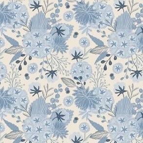 small// Floral wilderness Cotton flowers Stars and vintage foliage Blue and cream