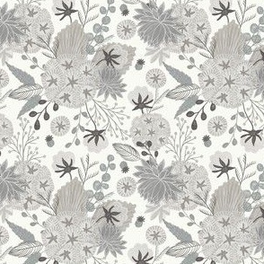small// Floral wilderness Cotton flowers Stars and vintage foliage Graphic grey
