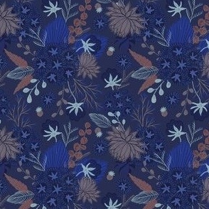 small// Floral wilderness Cotton flowers Stars and vintage foliage Dark Blue Brown