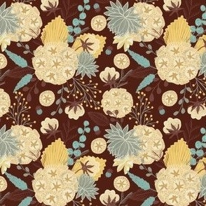 small// Floral wilderness Cotton flowers Stars and vintage foliage Royal Brown