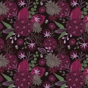 small// Floral wilderness Cotton flowers Stars and vintage foliage Dark Brown Pink