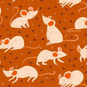 Whimsical Mouse Linocut Pattern for Kids Apparel inTerracotta and Earthy Tones – Small scale