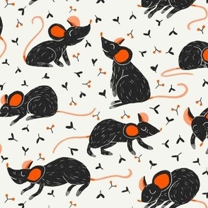 Whimsical Mouse Linocut Pattern for Kids Apparel in Black and White with Red Accent – Small scale