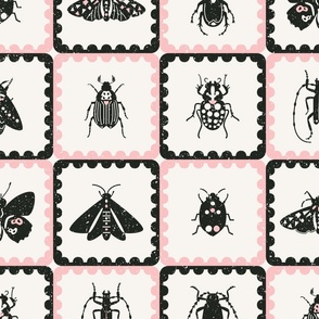 retro insects scalloped tiles l black pink l large