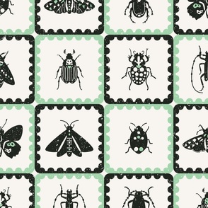 retro insects scalloped tiles l black mint l large