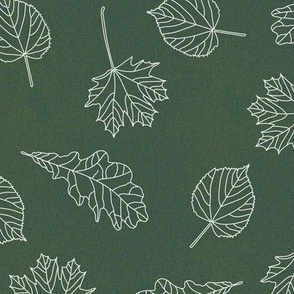 autumnal larger leaves white on green with linen texture