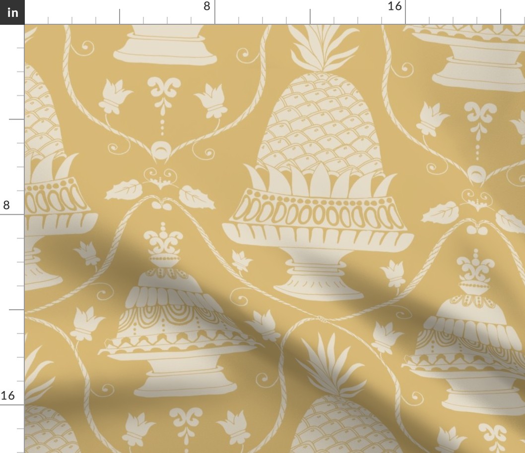 Patisserie shop window damask in soft yellow with sweet dessert for birthday celebration, baking and eating - for classic elegant or grandmillennial interiors