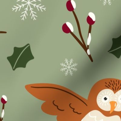 (L) Cute owls on green natural Christmas