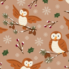 (L) Cute owls on beige natural Christmas 