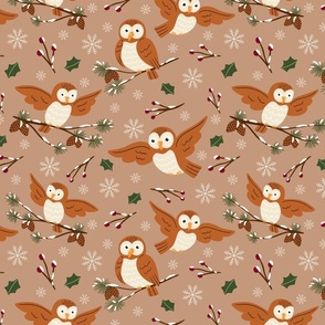 (M) Cute owls on beige natural Christmas