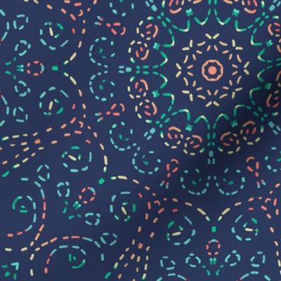 Kaleidoscope Garden Dark Blue with Embroidery Illusion