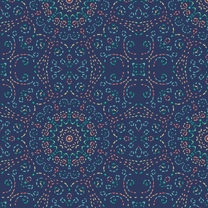 Kaleidoscope Garden Dark Blue with Embroidery Illusion