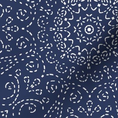 Kaleidoscope Garden White on Dark Blue with Embroidery Illusion