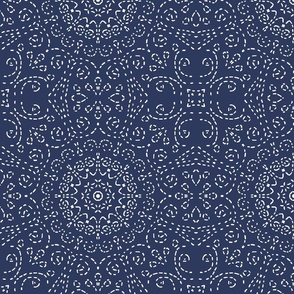 Kaleidoscope Garden White on Dark Blue with Embroidery Illusion