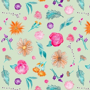 Floral Medley in Bloom, Light Green Background