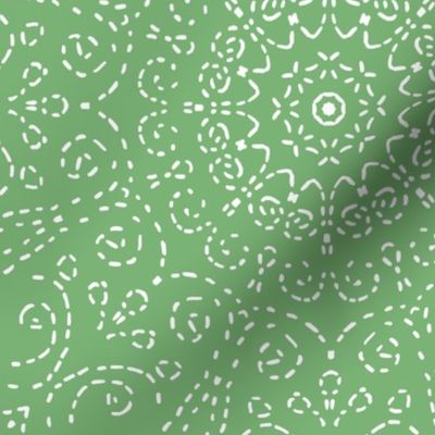 Kaleidoscope Garden White on Dull Lime Green with Embroidery Illusion