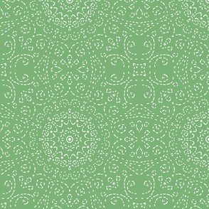 Kaleidoscope Garden White on Dull Lime Green with Embroidery Illusion