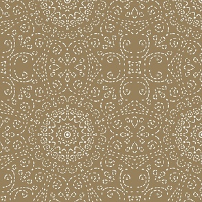 Kaleidoscope Garden White on Khaki Brown with Embroidery Illusion