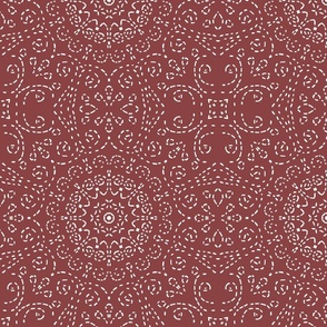 Kaleidoscope Garden White on Red Brown with Embroidery Illusion